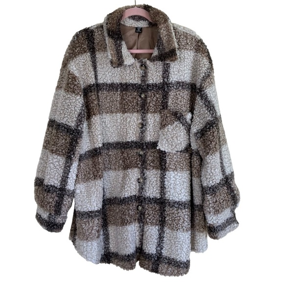 SHEIN CURVE LUNE Plus Plaid Pattern Drop Shoulder Teddy Coat Tan Cream Sz 2X - Picture 2 of 16